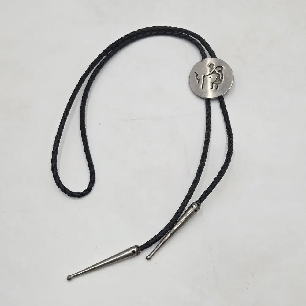 Vintage Florenta Of California Pewter Iconography Southwestern Bolo Tie Cowboy